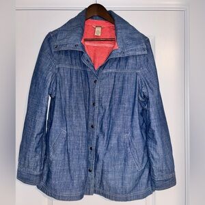 Duluth Trading Co Chambray Chore/Barn Jacket Snap Closure Cowl Neck Cottagecore